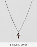 Asos Design Sterling Silver Necklace With Cross & Red Stones - Silver