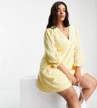 Vila Curve Broderie V Neck Mini Dress In Yellow