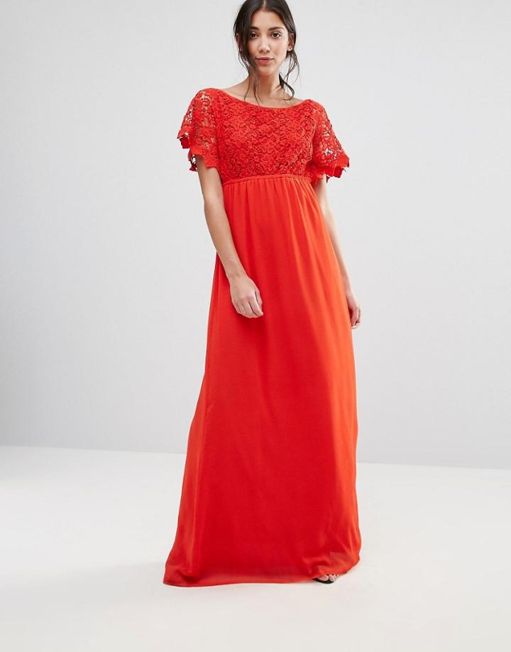 Traffic People Lace Capped Sleeve Maxi Dress - Red