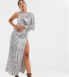 Asos Design Tall Copenhagen One Sleeve Midaxi Dress In Mono Squiggle Print - Silver