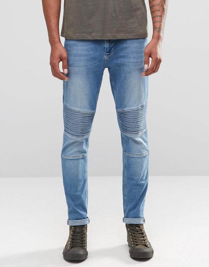 Asos Super Skinny Jeans With Biker Styling In Lightwash - Blue