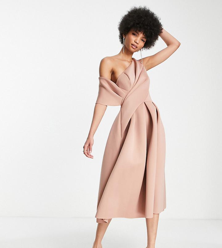 Asos Design Tall Bare Shoulder Prom Dress In Camel-brown