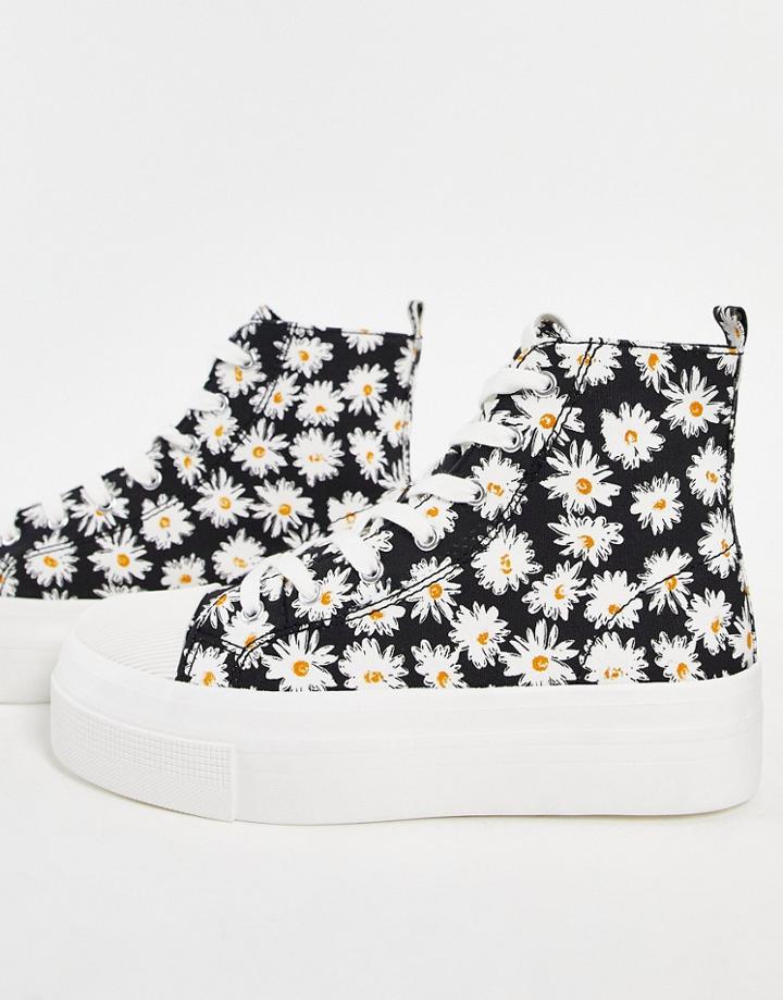 Pull & Bear Flatform Hi Top Sneakers In Daisy Print-multi