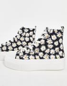 Pull & Bear Flatform Hi Top Sneakers In Daisy Print-multi