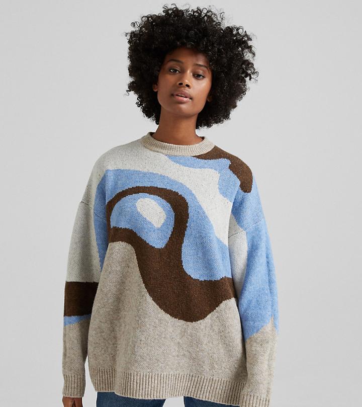 Bershka Abstract Print Sweater In Brown