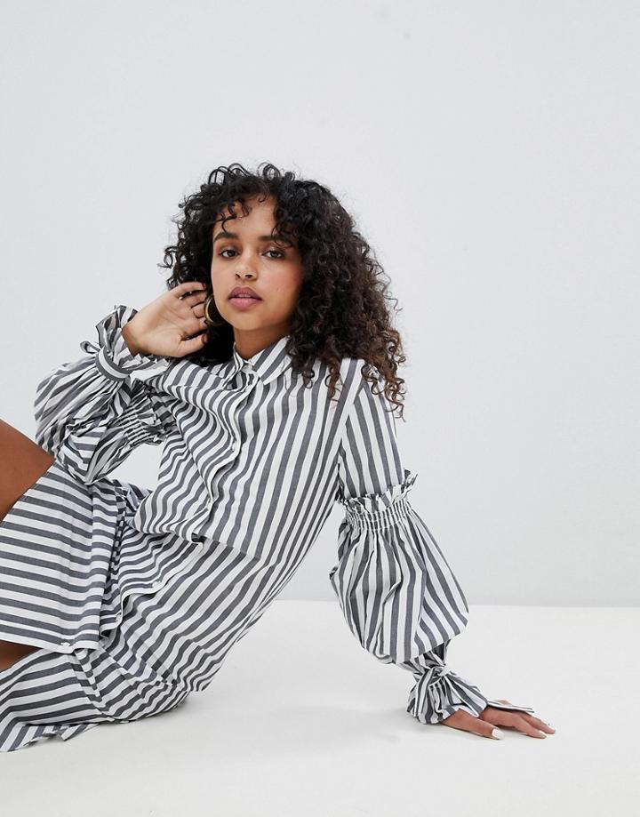 Monki Tie Detail Stripe Shirt Dress - Black