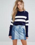 Daisy Street Relaxed Sweater With Sport Stripe - Navy