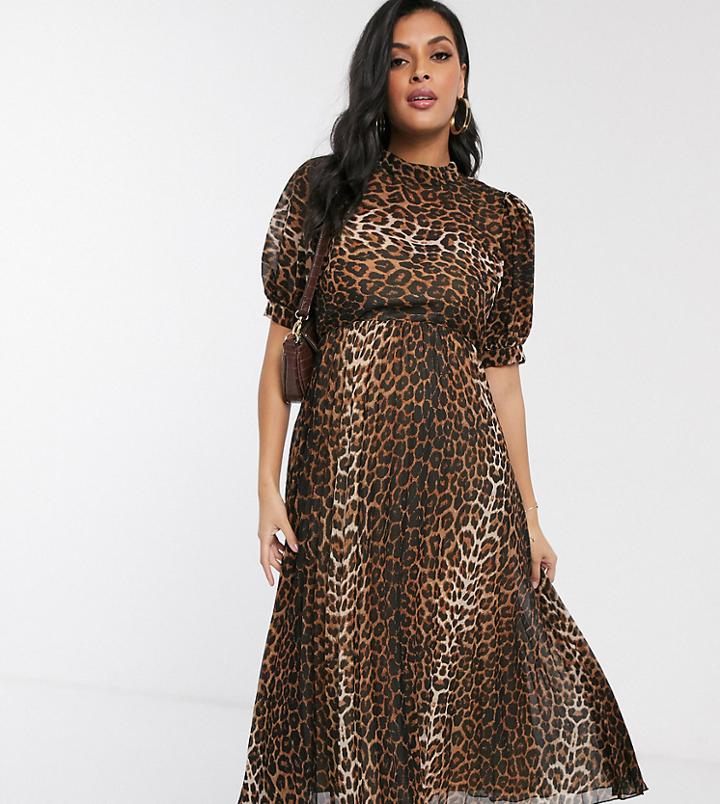 Asos Design Maternity High Neck Pleated Midi Dress With Puff Sleeve In Leopard Print-multi