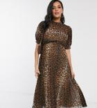 Asos Design Maternity High Neck Pleated Midi Dress With Puff Sleeve In Leopard Print-multi