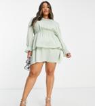 Flounce London Plus Tiered Mini Dress In Sage Satin-green