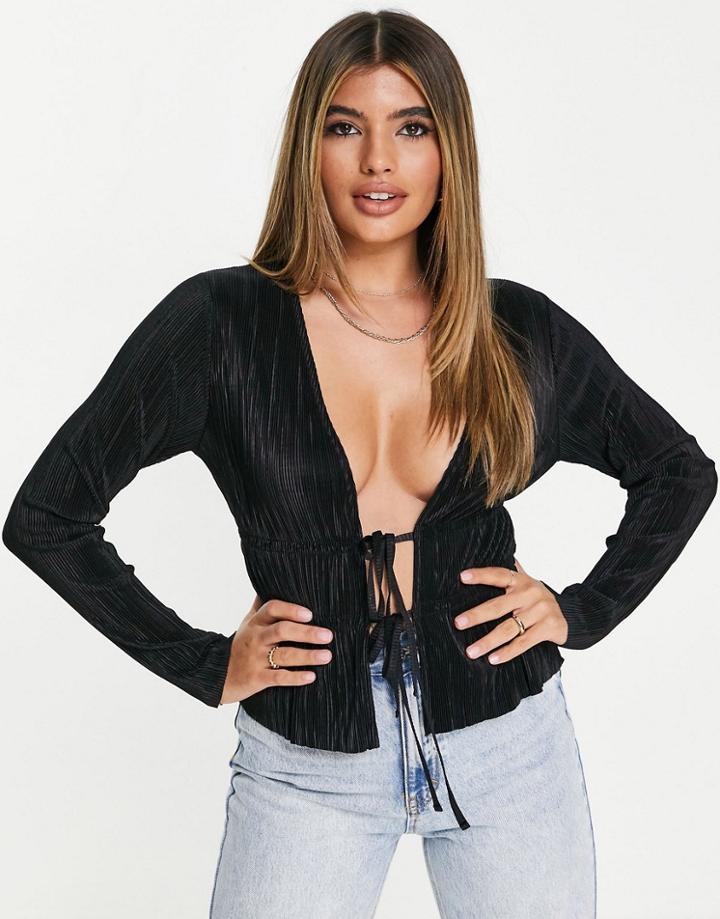 Asos Design Tie Detail Plisse Long Sleeve Top In Black