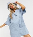 Collusion Revere Mini Shirt Dress In Blue-blues