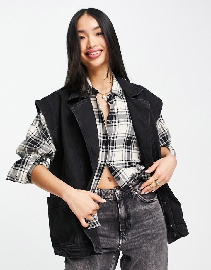 Pieces Dropped Shoulder Denim Vest In Washed Black