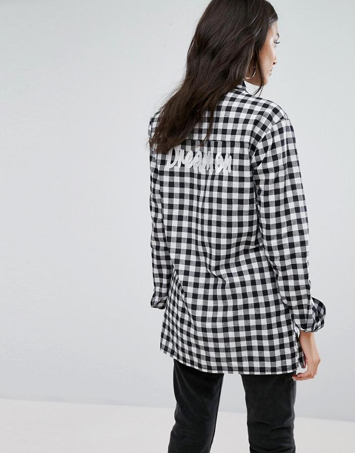 Daisy Street Relaxed Check Shirt With Dreamer Embroidery - Blue