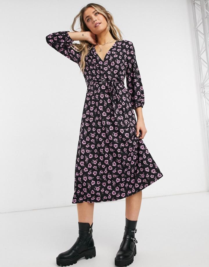 New Look Wrap Front Midi Dress In Black Pattern