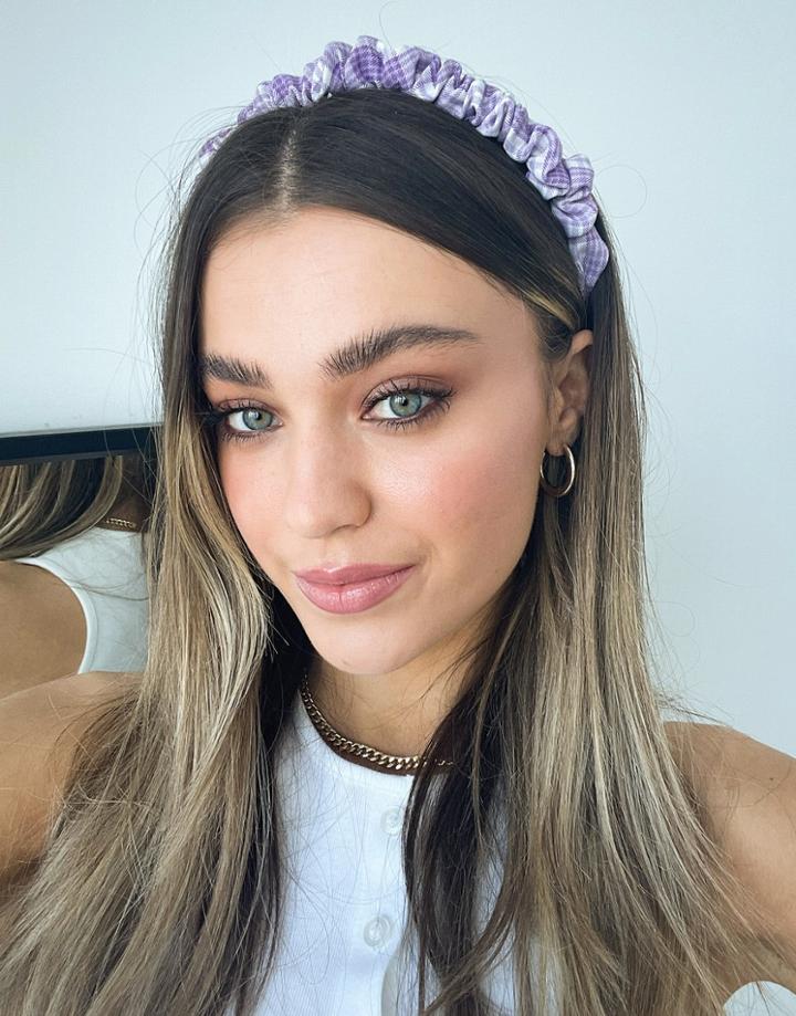 Topshop Ruched Headband In Purple Gingham