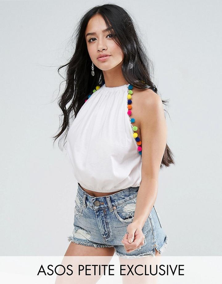 Asos Petite Cami With Drop Armhole With Pom Poms - White