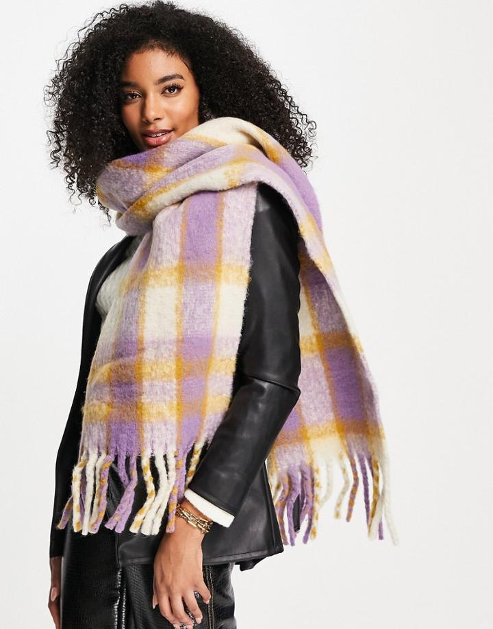 Vero Moda Brushed Tassel Scarf In Lilac Plaid-multi