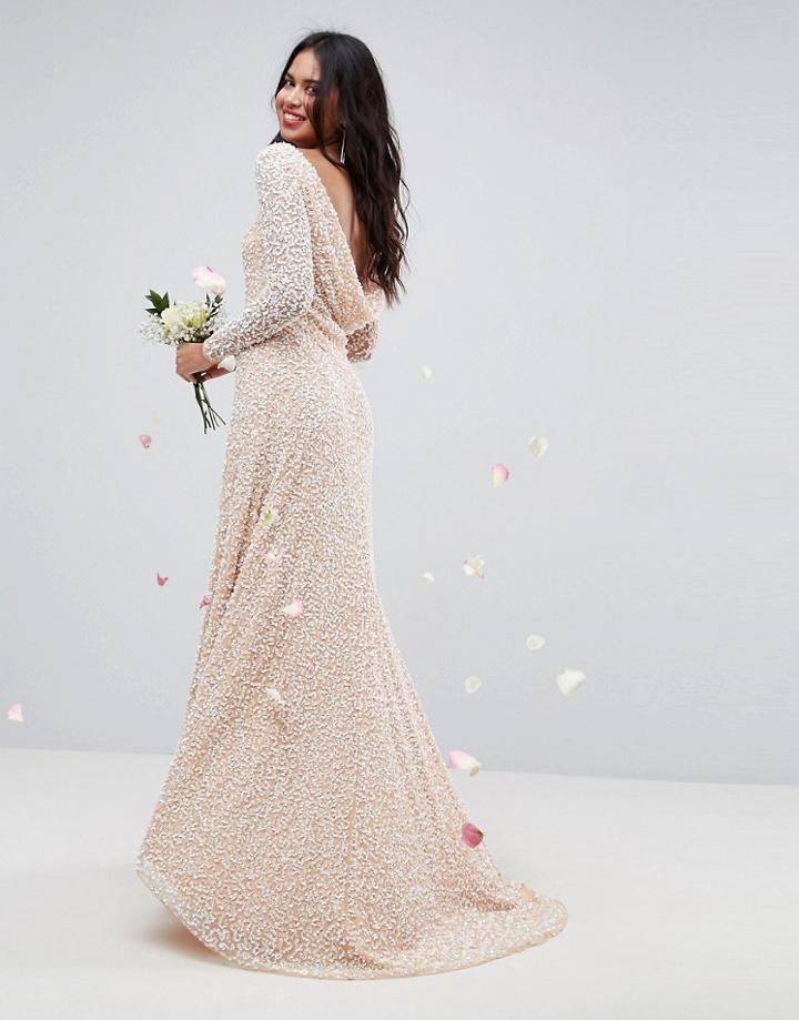 Asos Bridal All Over Embellished Long Sleeve Maxi Dress - Pink