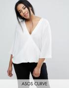 Asos Curve Wrap V Neck Blouse With Fluted Sleeves - White