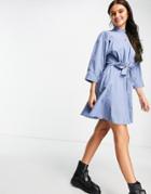Asos Design Cotton Poplin Topstiched Belted Mini Skater Dress In Blue-blues