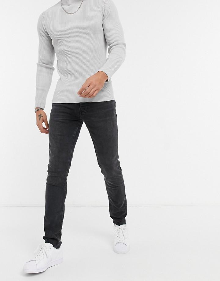 Topman Organic Cotton Blend Stretch Skinny Jeans With Raw Hem In Washed Black
