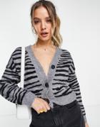 New Look Gem Button Zebra Cardigan In Gray