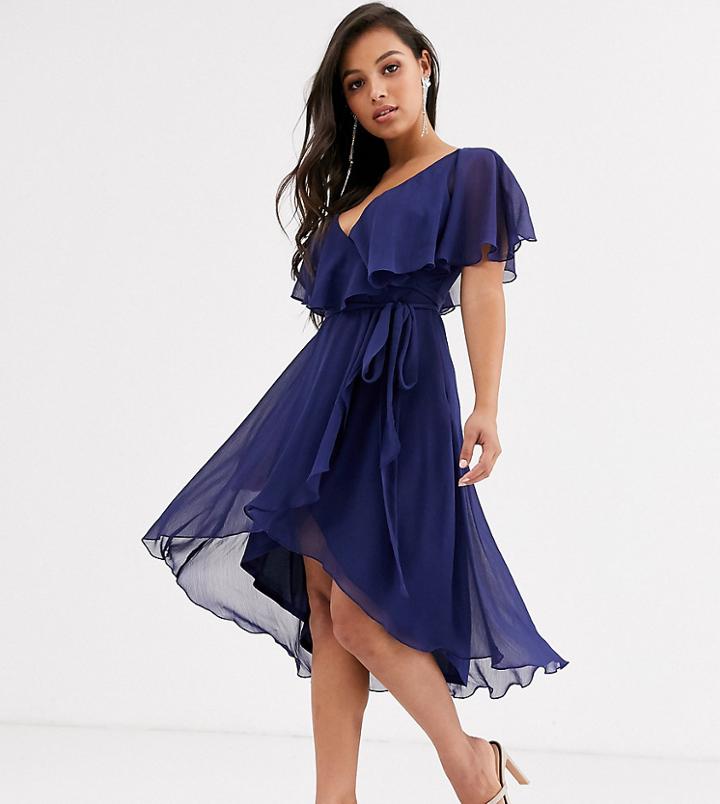 Asos Design Petite Cape Back Dipped Hem Midi Dress-blue