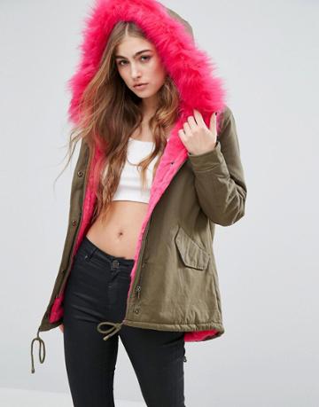 Missguided Faux Fur Hooded Short Parka - Green