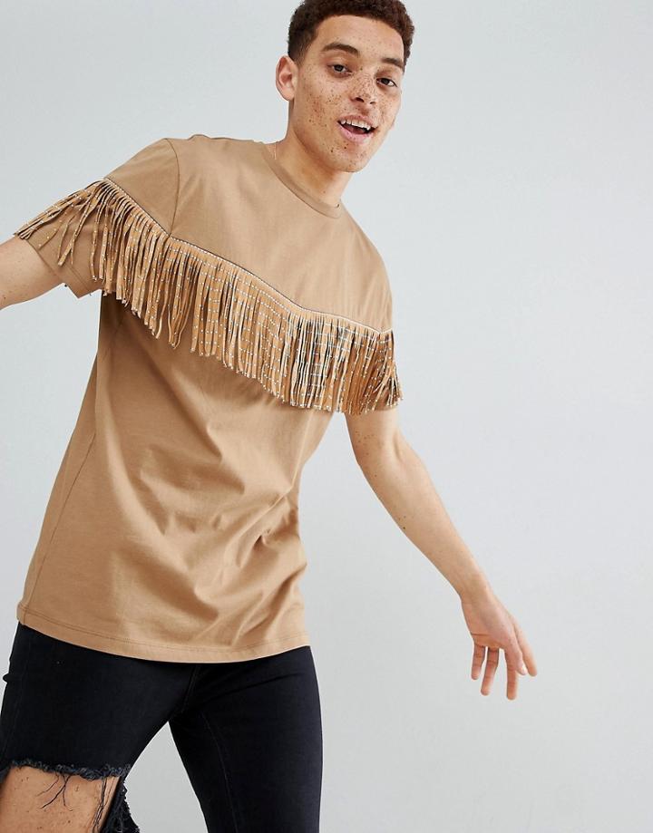 Asos Design Festival Relaxed Longline T-shirt With Studded Fringing In Tan - Tan