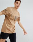 Asos Design Festival Relaxed Longline T-shirt With Studded Fringing In Tan - Tan