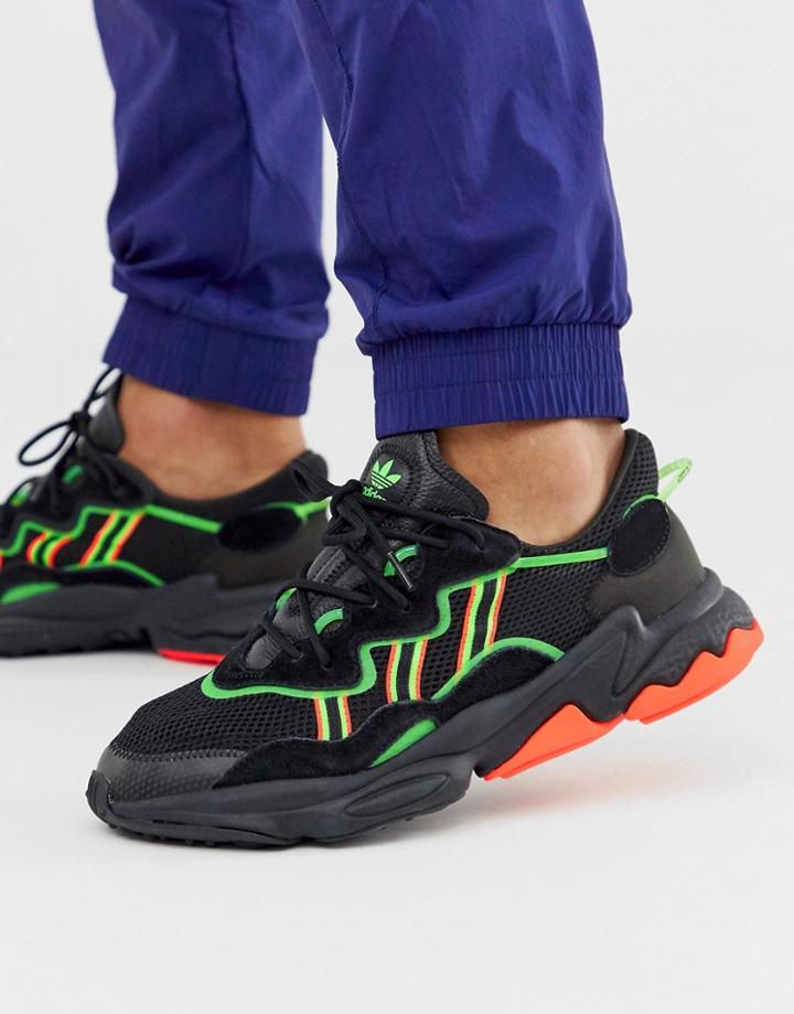 Adidas Originals Ozweego Sneakers In Black With Neon Stripes