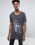 Asos Linen Super Longline Long Sleeve T-shirt With Skull Print And Curved Hem - Gray