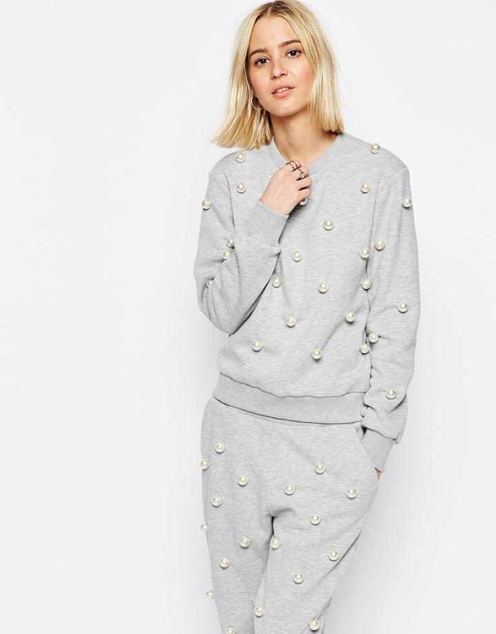 Asos White Pearl Embellished Sweater - Gray