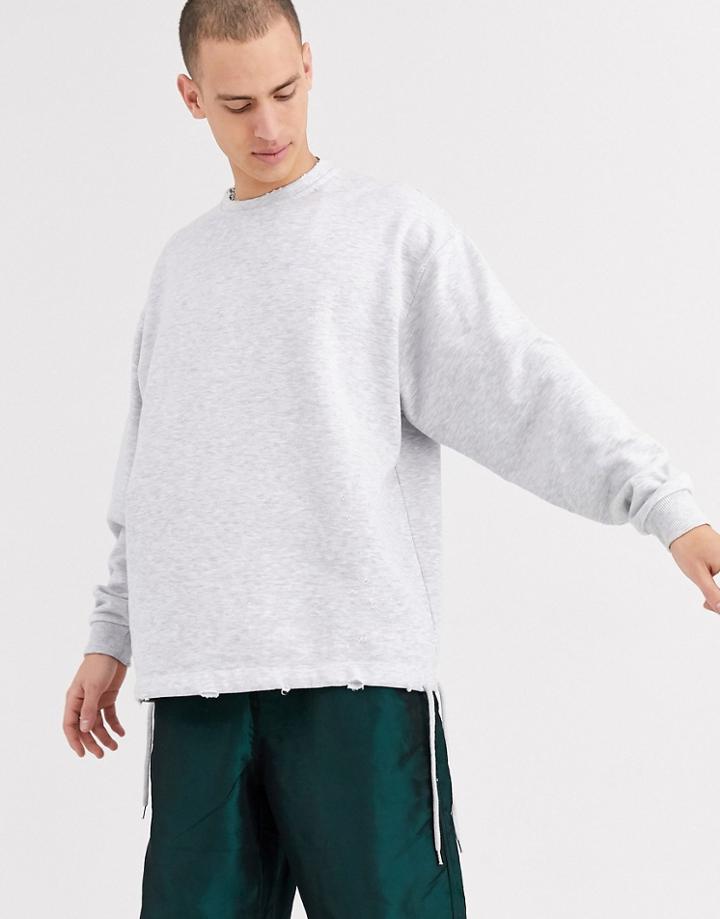 Asos Design Long Sleeve Oversized Sweatshirt With Distressing In White Marl