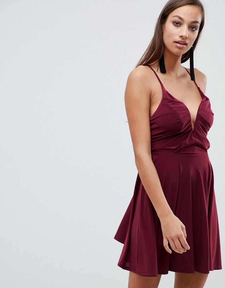Asos Design Mini Skater Dress With Plunge Neck - Red