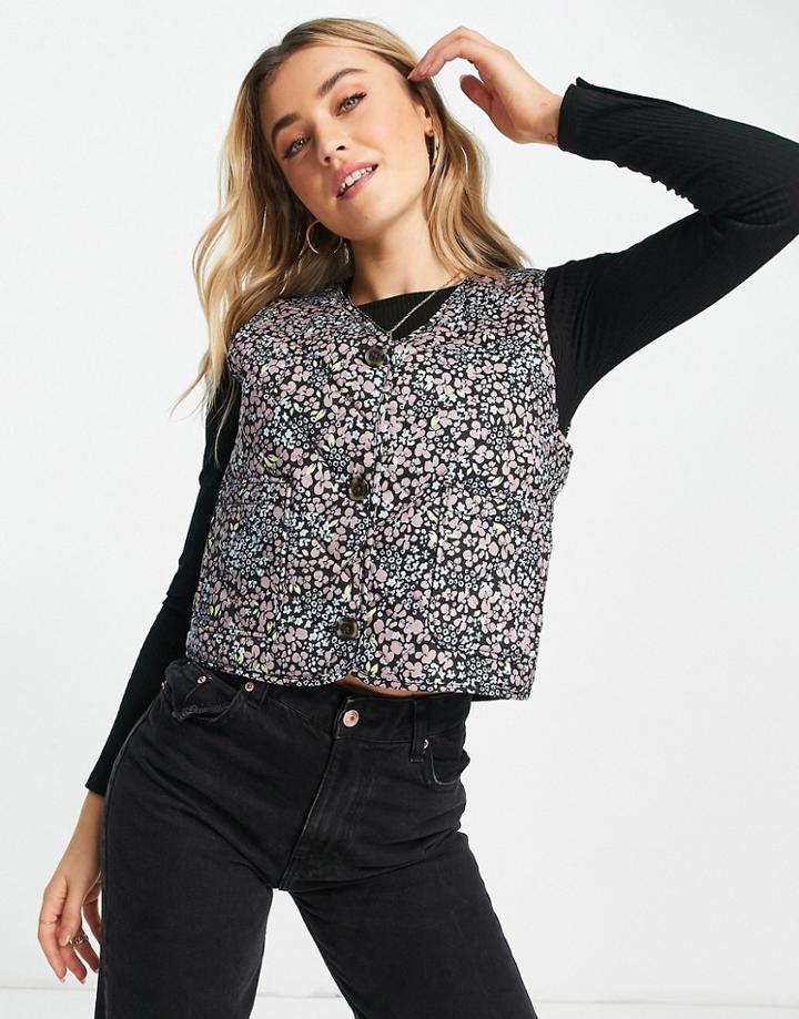 Monki Cotton Quilted Vest In Floral Print-black