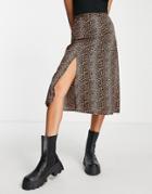 Daisy Street Midi Skirt With Thigh Split In Grunge Leopard-multi