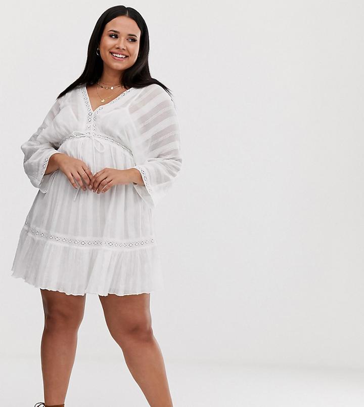 Asos Design Curve Lace Insert Mini Smock Dress With Lace Up Detail - White