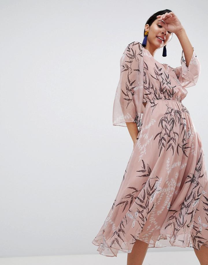 Liquorish Leaf Printed Midi Dress - Pink
