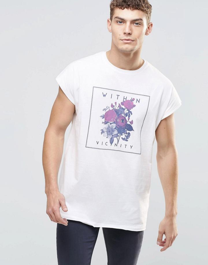 Asos Oversized Sleeveless T-shirt With Floral Print And Raw Edge - White