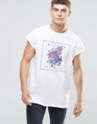 Asos Oversized Sleeveless T-shirt With Floral Print And Raw Edge - White