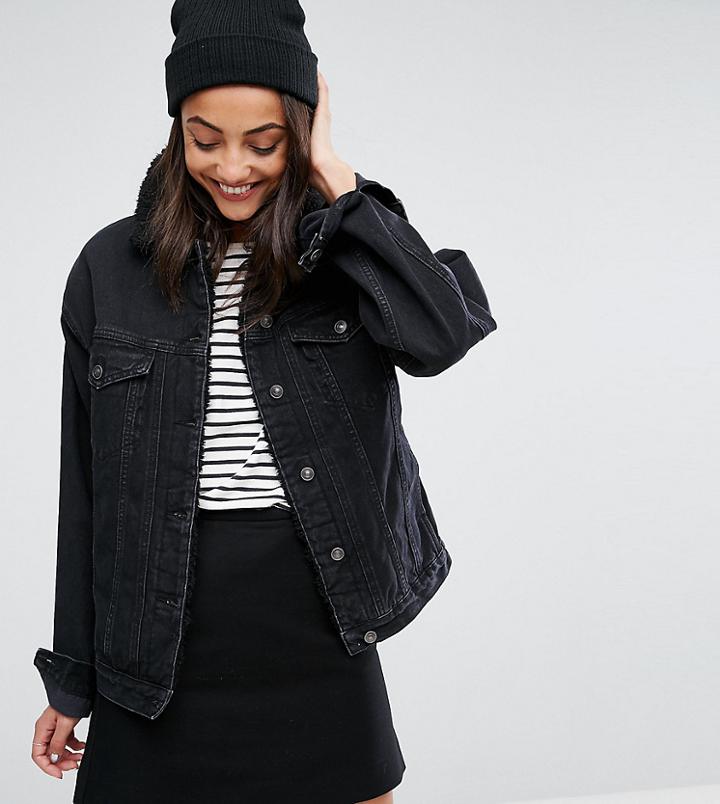 Asos Tall Denim Borg Jacket In Washed Black - Black