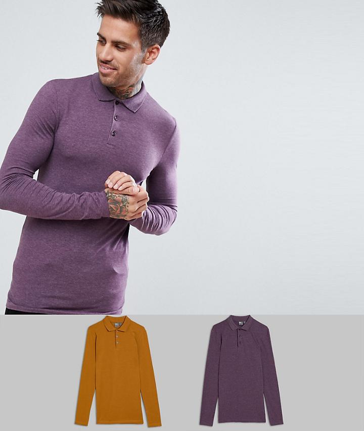Asos Design Muscle Fit Jersey Long Sleeve Polo 2 Pack Save - Multi