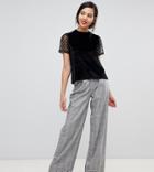 Asos Design Tall Velvet T-shirt With Dobby Mesh Sleeve - Black