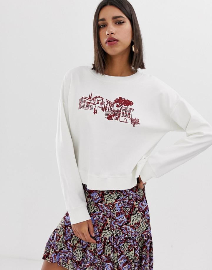 Neon Rose Crop Sweatshirt With Scenic Embroidery-cream