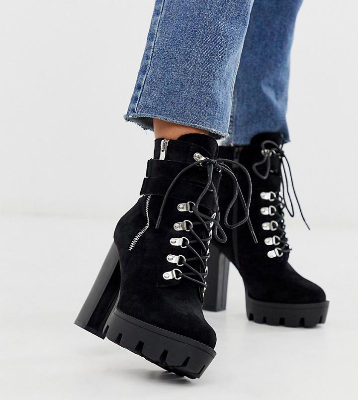 Raid Wide Fit London Chunky Heeled Hiker Boots - Black