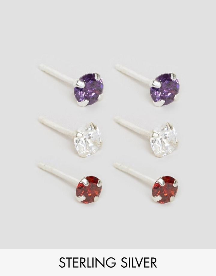 Reclaimed Vintage Round Stone Sterling Silver Stud Earrings In 3 Pack