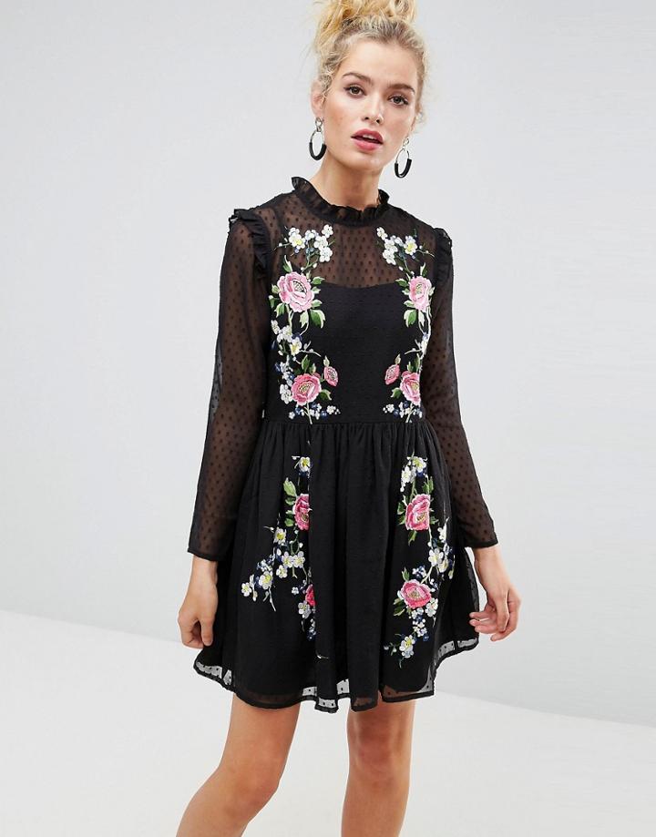 Asos Premium Pretty Embroidered Mini Skater Dress On Dobby - Black