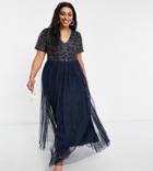 Maya Plus Bridesmaid Short Sleeve Maxi Tulle Dress With Tonal Delicate Sequins In Taupe Navy